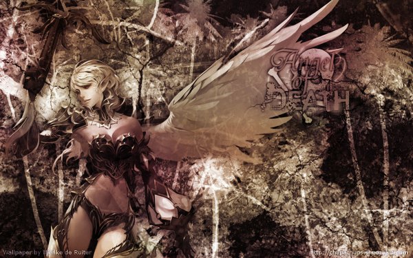 Anime picture 1280x800 with lineage (game) original tagme (artist) single short hair blonde hair red eyes wide image inscription midriff wallpaper angel wings angel girl navel wings armor