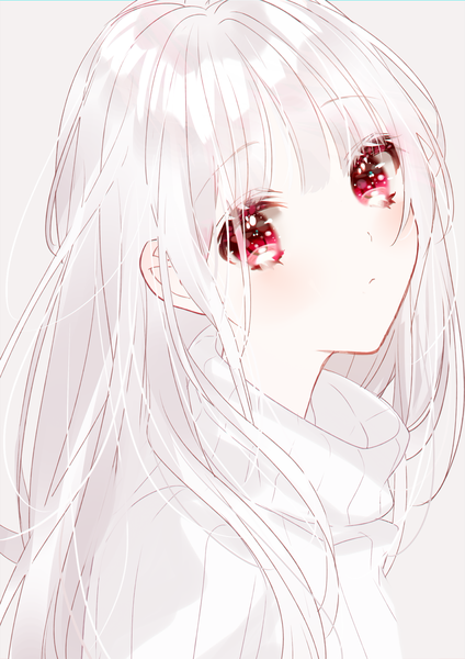 Anime picture 1201x1700 with original sinsihukunokonaka single long hair tall image looking at viewer fringe simple background hair between eyes red eyes upper body white hair head tilt grey background portrait albino girl sweater ribbed sweater