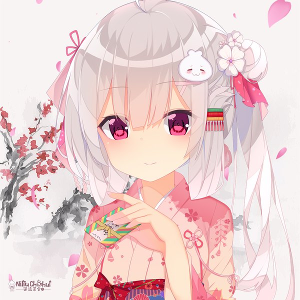 Anime picture 1000x1000 with niliu chahui tokisaki mio jyt single long hair looking at viewer blush red eyes silver hair upper body traditional clothes japanese clothes hair flower side ponytail girl hair ornament flower (flowers) petals kimono x hair ornament
