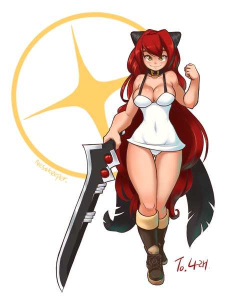 Anime picture 768x1024 with dungeon and fighter nestkeeper single tall image looking at viewer blush breasts light erotic simple background smile white background bare shoulders red hair very long hair orange eyes legs groin lacing girl weapon