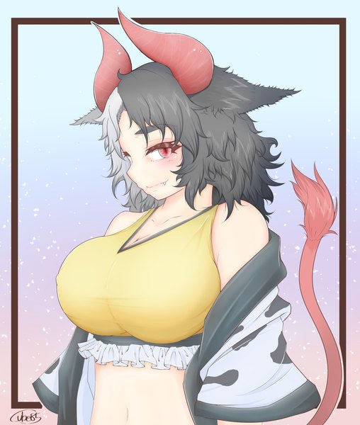Anime picture 3061x3614 with touhou ushizaki urumi cube85 single tall image looking at viewer highres short hair breasts light erotic black hair smile red eyes bare shoulders signed animal ears absurdres cleavage upper body tail