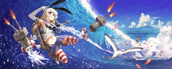 Anime picture 1366x551 with kantai collection shimakaze destroyer benitama long hair looking at viewer blonde hair wide image brown eyes grey eyes zettai ryouiki :3 > < surfing girl thighhighs skirt gloves navel hair ornament underwear