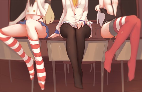 Anime picture 1000x650 with kantai collection shimakaze destroyer amatsukaze destroyer tokitsukaze destroyer elpx (gu jian shaonu) long hair breasts light erotic blonde hair multiple girls silver hair bent knee (knees) indoors pleated skirt blurry open clothes pantyshot spread legs open shirt no shoes