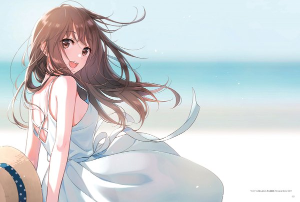 Anime picture 2838x1920 with original morikura en single long hair looking at viewer blush fringe highres breasts open mouth smile brown hair bare shoulders holding brown eyes :d looking back wind from behind sunlight