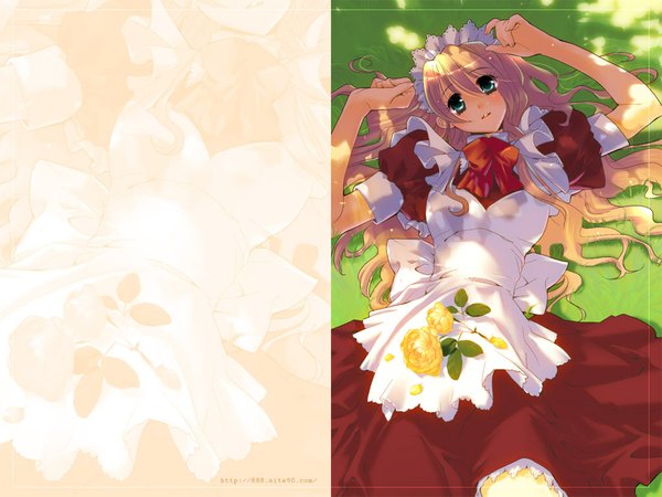 Anime picture 1024x768 with original 888 blue eyes blonde hair lying maid flower (flowers)