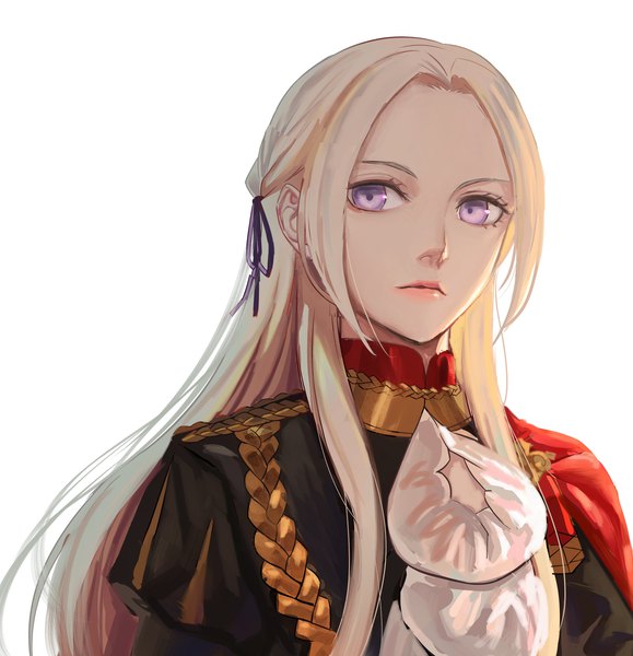 Anime picture 2855x2959 with fire emblem fire emblem: three houses nintendo edelgard von hresvelg aizumi240326 single long hair tall image looking at viewer highres simple background white background purple eyes upper body white hair girl uniform ribbon (ribbons) hair ribbon military uniform