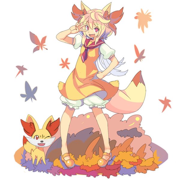 Anime picture 1000x1000 with pokemon moemon pokemon xy nintendo fennekin icywood long hair looking at viewer fringe open mouth blonde hair simple background smile hair between eyes standing white background animal ears payot full body tail