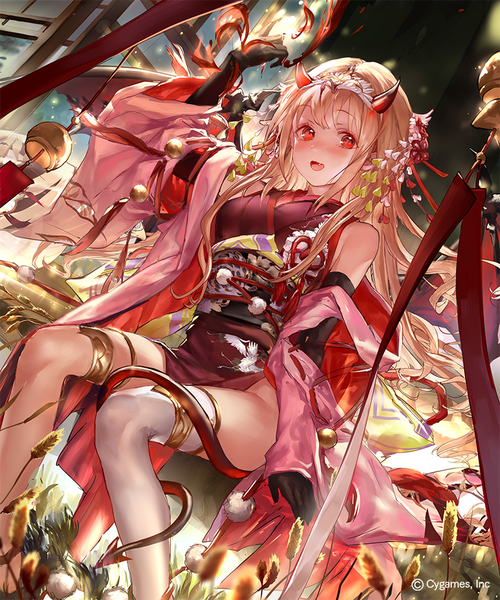 Anime-Bild 800x960 mit shingeki no bahamut liiko single long hair tall image looking at viewer fringe open mouth blonde hair smile red eyes sitting tail traditional clothes :d japanese clothes arm up horn (horns) official art fang (fangs)