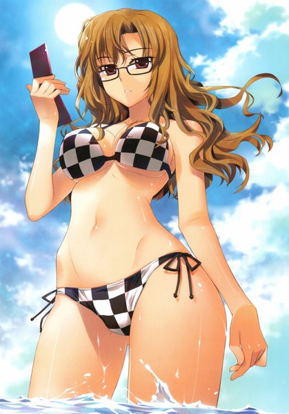 Anime picture 4831x6921 with steins;gate white fox kiryuu moeka fujima takuya single long hair tall image looking at viewer highres breasts open mouth light erotic brown hair brown eyes absurdres sky cloud (clouds) checkered girl navel