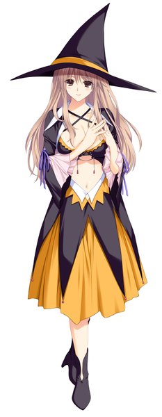 Anime picture 1380x3552 with lovely x cation hibiki works tsukioka misasa iizuki tasuku single long hair tall image looking at viewer blonde hair smile white background brown eyes witch girl dress hat witch hat