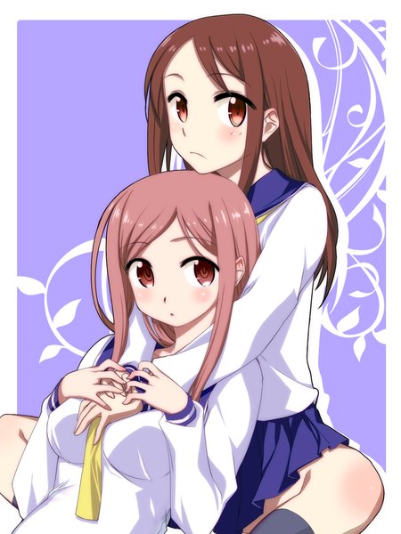 Anime picture 800x1067 with yuyushiki aikawa chiho okano kei kantaka long hair tall image looking at viewer blush light erotic brown hair sitting multiple girls brown eyes pink hair hug reclining framed purple background hug from behind girl