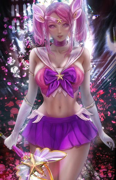 Anime picture 2267x3500 with league of legends lux (league of legends) star guardian lux donyta single long hair tall image looking at viewer fringe highres breasts light erotic standing twintails holding payot pink hair pleated skirt pink eyes realistic