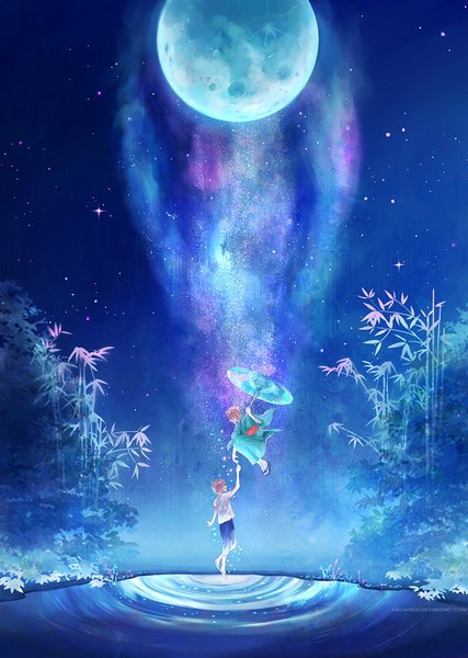 Anime picture 800x1125 with megatruh tall image short hair brown hair standing holding cloud (clouds) bent knee (knees) traditional clothes japanese clothes night standing on one leg flying weightlessness girl boy plant (plants) water socks shorts