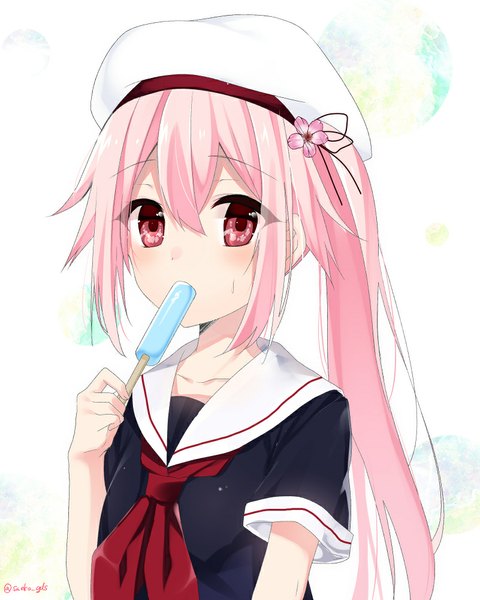 Anime picture 801x1000 with kantai collection harusame destroyer kagami (saegds) single long hair tall image looking at viewer blush fringe breasts open mouth simple background standing holding signed pink hair pink eyes eating girl uniform