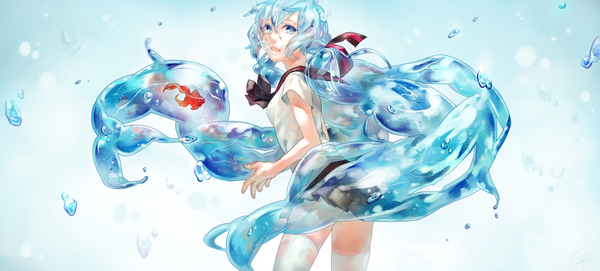 Anime picture 1850x836 with vocaloid hatsune miku bottle miku gunni highres open mouth wide image twintails very long hair aqua eyes aqua hair liquid hair girl skirt ribbon (ribbons) hair ribbon miniskirt serafuku bubble (bubbles) fish (fishes)