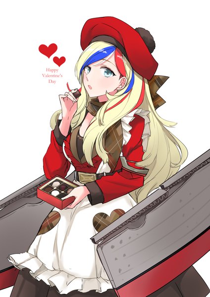 Anime picture 2894x4093 with kantai collection commandant teste (kantai collection) morinaga (harumori) single long hair tall image looking at viewer highres open mouth blue eyes simple background blonde hair white background multicolored hair streaked hair valentine heart print girl food heart