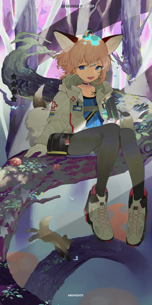 Anime picture 600x1200 with arknights sussurro (arknights) aroha (aroha390) single tall image looking at viewer short hair open mouth blue eyes light erotic blonde hair sitting full body ahoge :d open jacket copyright name character names tree sitting oripathy lesion (arknights)