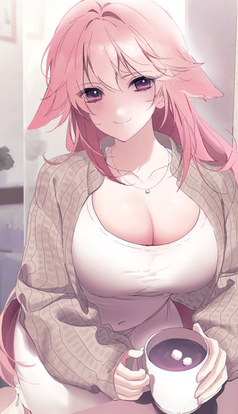 Anime picture 3000x5200 with genshin impact yae miko myao (o3o333) single long hair tall image looking at viewer blush fringe highres breasts light erotic smile hair between eyes large breasts purple eyes holding animal ears pink hair long sleeves