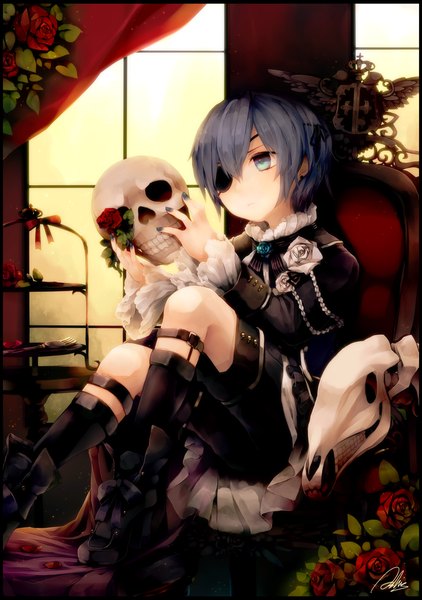 Anime picture 830x1180 with kuroshitsuji a-1 pictures ciel phantomhive shisono single tall image short hair blue eyes sitting holding signed blue hair boy flower (flowers) petals jacket boots rose (roses) eyepatch chair