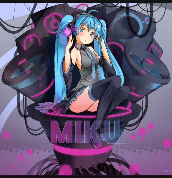 Anime picture 1931x2000 with vocaloid hatsune miku nellen single tall image blush highres blue eyes light erotic twintails bare shoulders blue hair very long hair legs girl thighhighs black thighhighs detached sleeves miniskirt