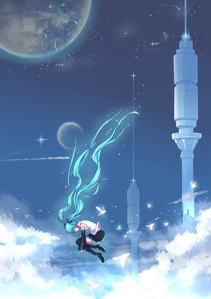 Anime picture 2480x3507 with vocaloid hatsune miku hzyang single long hair tall image highres smile twintails sky full body eyes closed long sleeves very long hair profile pleated skirt aqua hair sleeves past wrists scenic falling