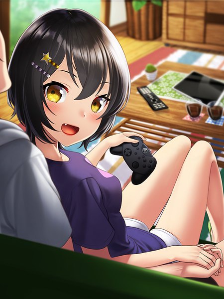 Anime picture 600x800 with original unowen tall image looking at viewer blush fringe short hair open mouth black hair smile hair between eyes sitting holding yellow eyes bent knee (knees) indoors :d looking back fang (fangs) depth of field