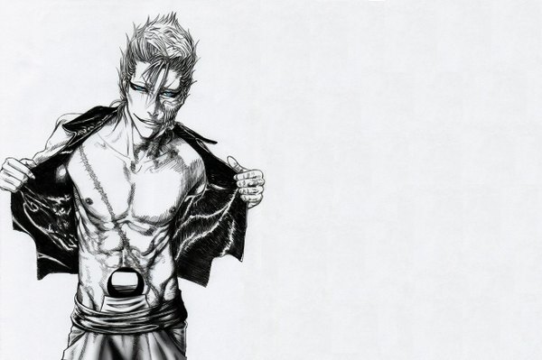 Anime picture 1297x863 with bleach studio pierrot grimmjow jeagerjaques blackstorm single looking at viewer short hair blue eyes simple background smile monochrome scar espada boy mask