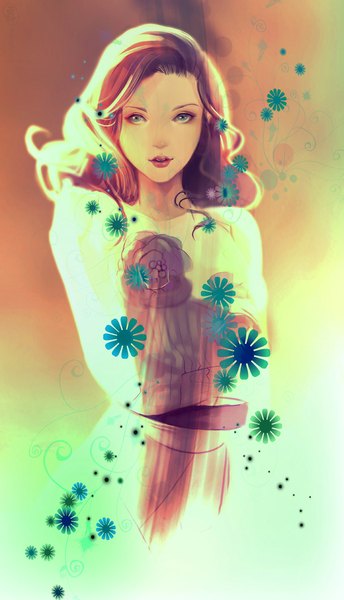 Anime picture 588x1024 with original claparo-sans single long hair tall image open mouth blue eyes brown hair looking away realistic light girl skirt flower (flowers) blouse