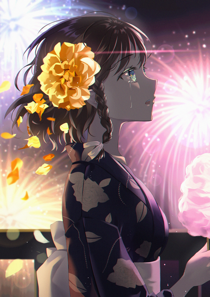 Anime picture 1447x2046 with original hyonee single tall image short hair blue eyes black hair upper body outdoors braid (braids) traditional clothes japanese clothes profile hair flower tears side braid fireworks girl flower (flowers) petals