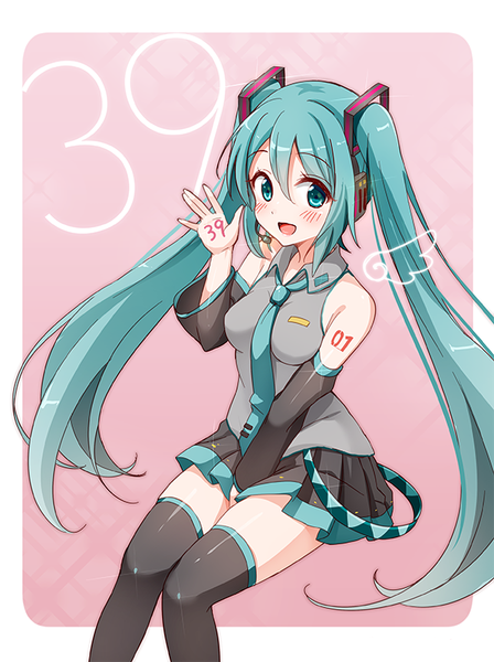 Anime picture 598x800 with vocaloid hatsune miku snowmi single long hair tall image looking at viewer blush fringe open mouth simple background smile hair between eyes sitting twintails payot bent knee (knees) :d pleated skirt aqua eyes