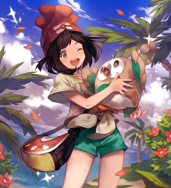 Anime picture 1400x1543 with pokemon pokemon sm nintendo selene (pokemon) rowlet umberwig single tall image blush short hair open mouth black hair smile sky cloud (clouds) one eye closed wink gen 7 pokemon girl flower (flowers)