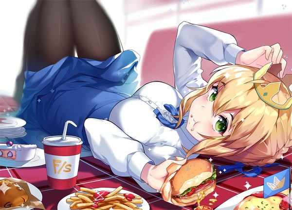 Anime picture 1385x1000 with fate (series) fate/stay night artoria pendragon (all) saber gendo0032 single looking at viewer blush fringe short hair breasts blonde hair hair between eyes holding green eyes payot ahoge lying braid (braids) on back