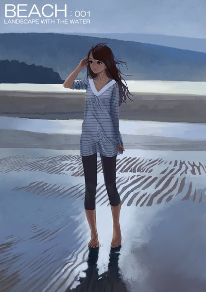 Anime picture 868x1228 with original hitomi kazuya single long hair tall image brown hair looking away barefoot light smile inscription grey eyes beach scenic casual girl water sea blouse leggings