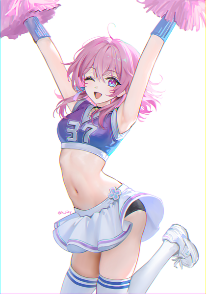 Anime-Bild 1200x1715 mit honkai: star rail honkai (series) march 7th (honkai: star rail) rity single tall image looking at viewer fringe short hair open mouth light erotic simple background smile hair between eyes standing white background signed pink hair ahoge one eye closed