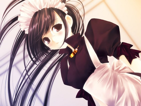 Anime picture 1024x768 with long hair brown hair brown eyes ponytail maid bow glasses hairband
