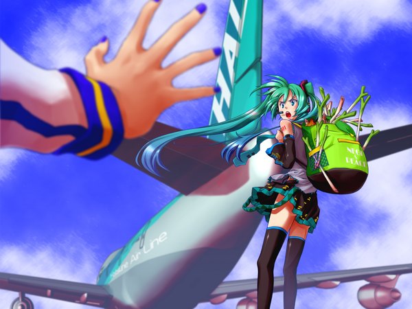 Anime picture 2000x1500 with vocaloid hatsune miku kaito (vocaloid) long hair highres twintails sky very long hair nail polish looking back aqua eyes wind aqua hair zettai ryouiki girl thighhighs skirt detached sleeves necktie headphones