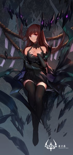 Anime picture 709x1500 with original pixiv fantasia pixiv fantasia t swd3e2 single long hair tall image fringe brown hair sitting bare shoulders full body bent knee (knees) pink eyes grey background zettai ryouiki hand on chest girl thighhighs dress