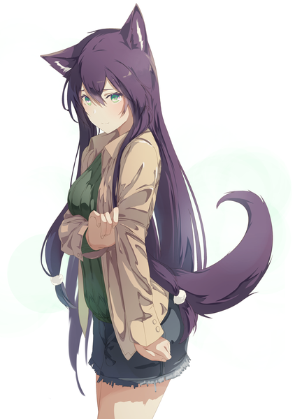 Anime picture 1440x2047 with original mikisai single long hair tall image looking at viewer blush fringe breasts simple background hair between eyes standing white background green eyes animal ears purple hair tail long sleeves animal tail light smile