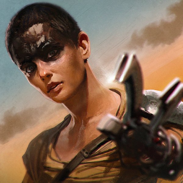 Anime picture 900x900 with mad max: fury road imperator furiosa charlize theron ilya kuvshinov single looking at viewer short hair blue eyes black hair sky parted lips realistic outstretched arm facial mark portrait dust mechanical arms girl