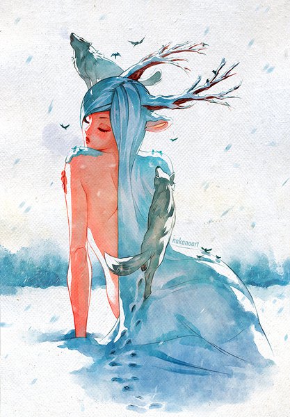 Anime picture 696x1000 with original nakanoart single long hair tall image fringe light erotic white background sitting bare shoulders signed animal ears silver hair outdoors eyes closed parted lips horn (horns) inscription arm support snowing