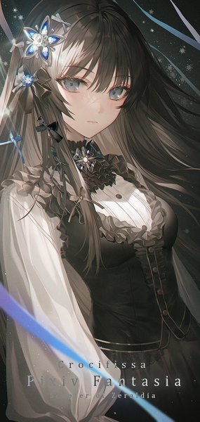 Anime picture 689x1450 with original pixiv fantasia pixiv fantasia scepter of zeraldia no.aei single long hair tall image looking at viewer blush fringe black hair hair between eyes upper body long sleeves grey eyes puffy sleeves girl hair ornament ribbon (ribbons) bow