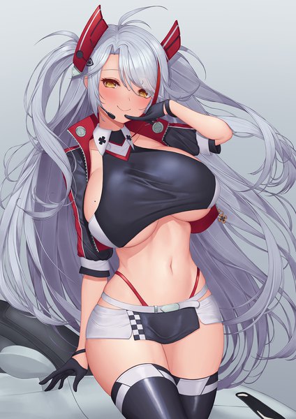 Anime picture 1414x2000 with azur lane prinz eugen (azur lane) prinz eugen (final lap) (azur lane) pinkcap single long hair tall image looking at viewer blush fringe breasts light erotic simple background smile hair between eyes standing yellow eyes payot silver hair ahoge