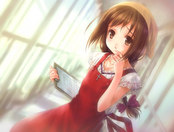 Anime picture 4040x3080 with narcissu chihiro goto p single long hair looking at viewer blush highres brown hair brown eyes absurdres braid (braids) sunlight single braid girl bow hair bow window pendant apron