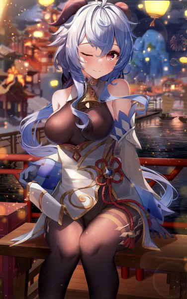 Anime picture 2702x4307 with genshin impact ganyu (genshin impact) shiranui (nisioisin sinob) single long hair tall image looking at viewer blush fringe highres breasts light erotic smile hair between eyes red eyes sitting holding payot blue hair cloud (clouds)