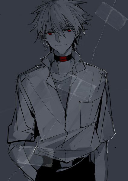 Anime picture 566x800 with neon genesis evangelion gainax nagisa kaworu zmore single tall image looking at viewer short hair simple background red eyes light smile grey background monochrome hand in pocket partially open clothes spot color boy choker