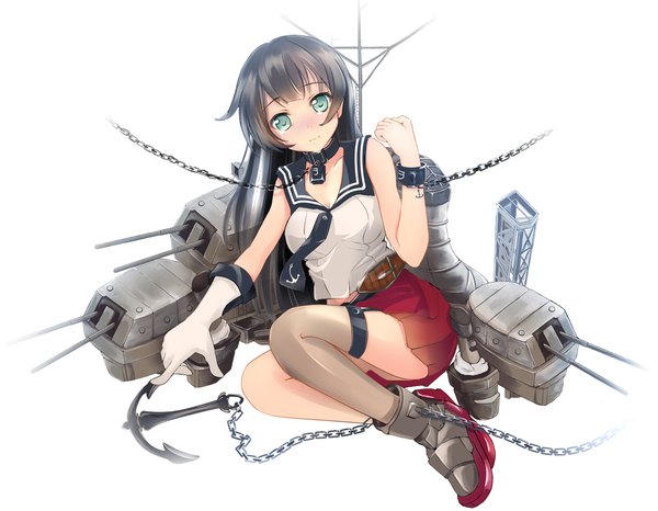 Anime picture 1200x932 with kantai collection agano light cruiser miyabi (miyabi) long hair blush blue eyes black hair simple background white background full body girl skirt weapon necktie boots chain single glove anchor