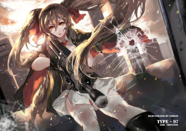 Anime picture 3200x2263 with girls frontline qbz-97 (girls frontline) vardan single long hair looking at viewer fringe highres hair between eyes brown hair twintails brown eyes signed absurdres cloud (clouds) very long hair pleated skirt wind sunlight zettai ryouiki