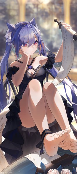 Anime picture 2815x6371 with genshin impact keqing (genshin impact) swkl:d single long hair tall image fringe highres breasts light erotic hair between eyes sitting twintails holding signed looking away purple hair full body bent knee (knees) pink eyes
