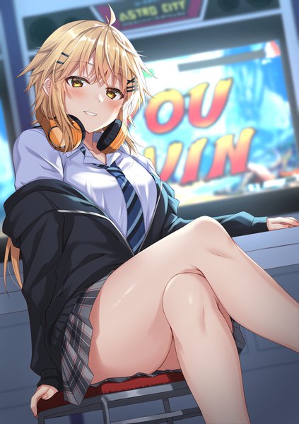 Anime picture 1062x1505 with original komori kuzuyu single tall image looking at viewer blush fringe short hair breasts blonde hair smile sitting yellow eyes ahoge long sleeves parted lips pleated skirt blurry off shoulder arm support
