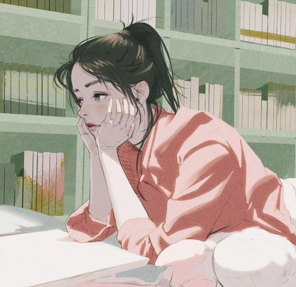 Anime picture 1321x1280 with real life rui li single black hair brown eyes payot looking away ponytail realistic arm support lipstick chin rest girl pants sweater shelf bookshelf